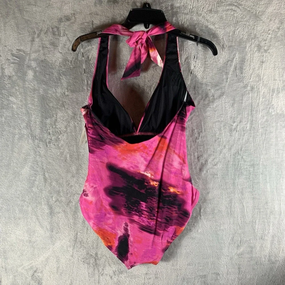 DKNY Women's Swimsuit L One Piece Pink‎ Abstract Mirage Halter Tie Neck NWT - Picture 2 of 7